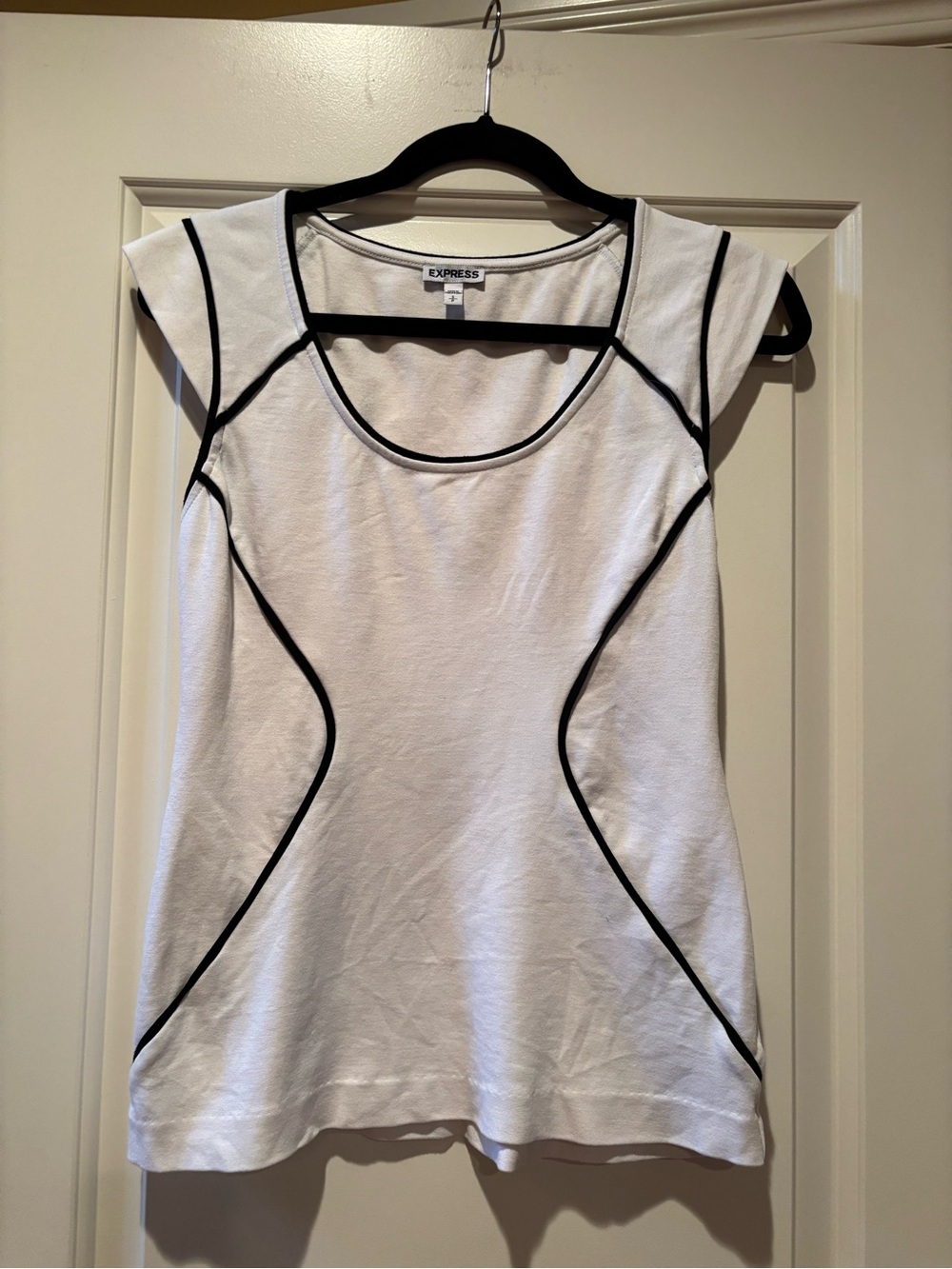 Express White Cap-Sleeve Top with Black Piping